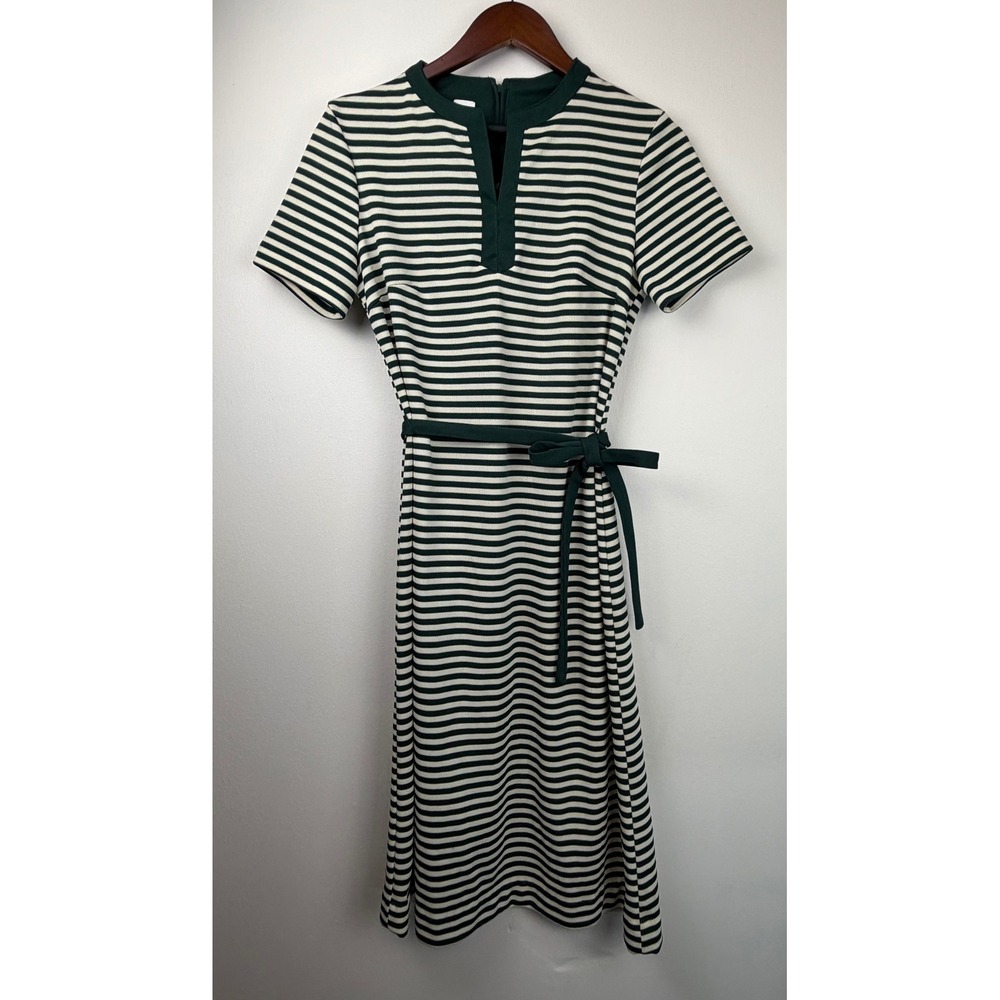 Vintage Knit Dress 14 Green White Striped Mod‎ 60s 70s Retro Preppy Midi Belted